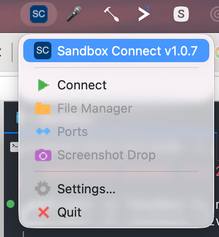 Sandbox Connect menu-bar dropdown